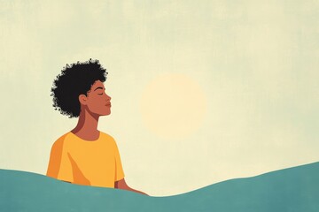 young diverse non binary person meditating, her face calm and serene, set against a soft pastel background, minimal background with copy space