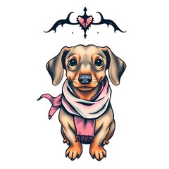 Charming dachshund wearing a scarf with a heart motif in a playful tattoo style, copy space