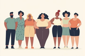 Fototapeta premium Illustration of diverse individuals, different ages and ethnicities, posing against a simple white background, minimal background with copy space