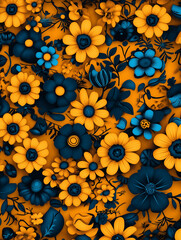 Flat lay Gold and navy blue floral background