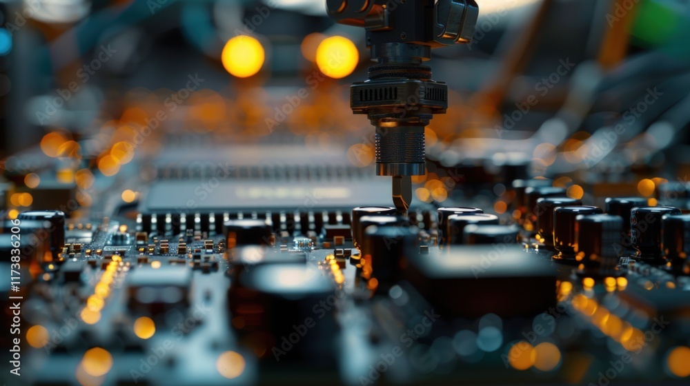 Poster robotic arm assembling microchip on circuit board.