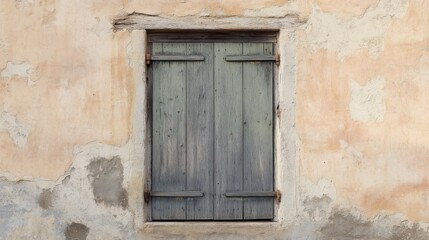 Weathered gray wooden shutters on a rustic peach stucco wall.