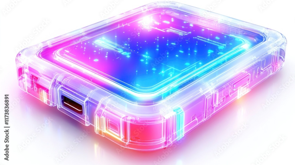 Poster a futuristic transparent hard drive or power bank with glowing circuitry. ideal for showcasing advan