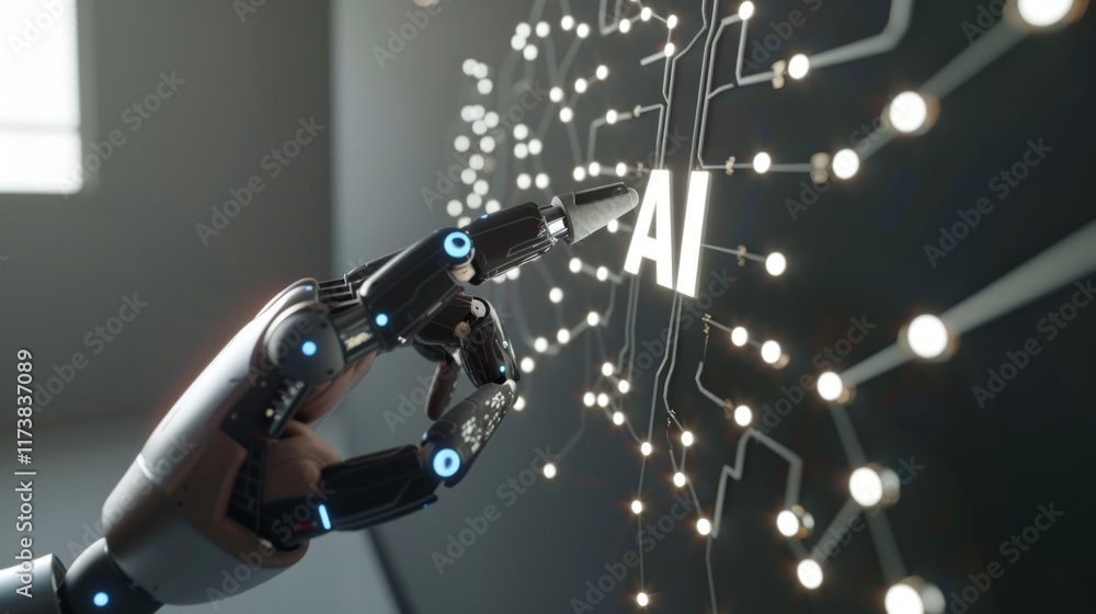 Poster robotic hand points to ai on digital screen.