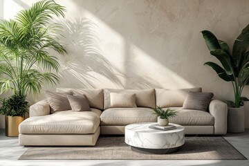 Modern Beige Sectional Sofa in Sunlit Living Room with Plants