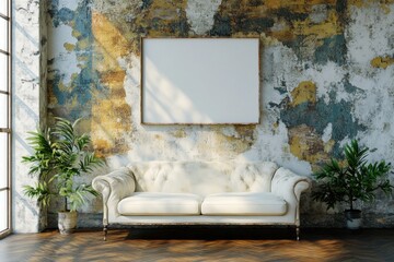Vintage Sofa and Blank Canvas in Rustic Interior