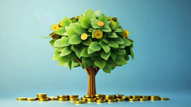Blooming Dollar Tree of Coins and Flowers in Spring Garden