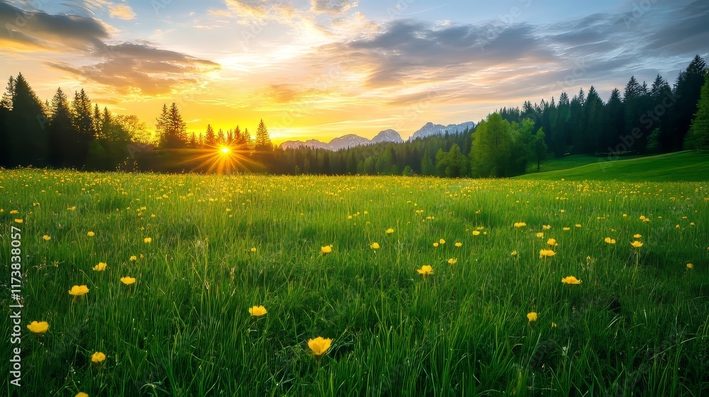 Wall mural Idyllic Alpine Meadow with Yellow Wildflowers at Sunrise