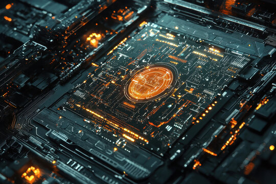 Futuristic microchip with glowing central element surrounded by intricate details