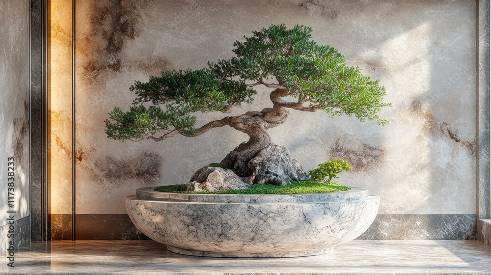 Poster bonsai tree elegantly displayed in a serene indoor setting with soft sunlight filtering through the 
