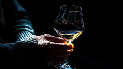Close-up of an elderly man's hand holding a glass of white wine, evoking tradition, wisdom, and appreciation for fine wine. 