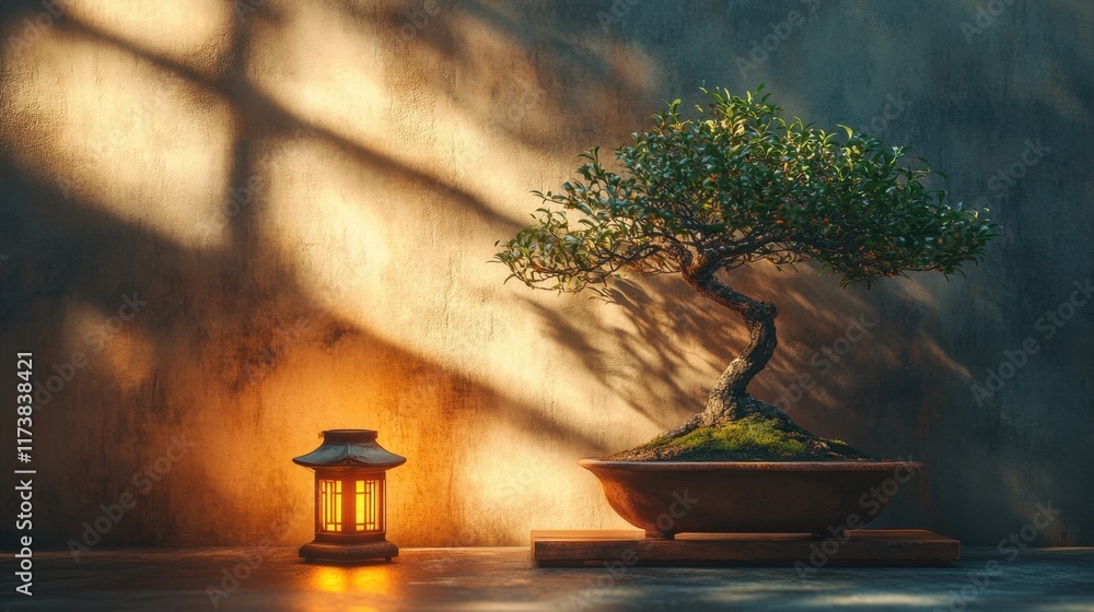 Poster serenity and elegance of a bonsai tree illuminated by warm lantern light against a textured wall at 