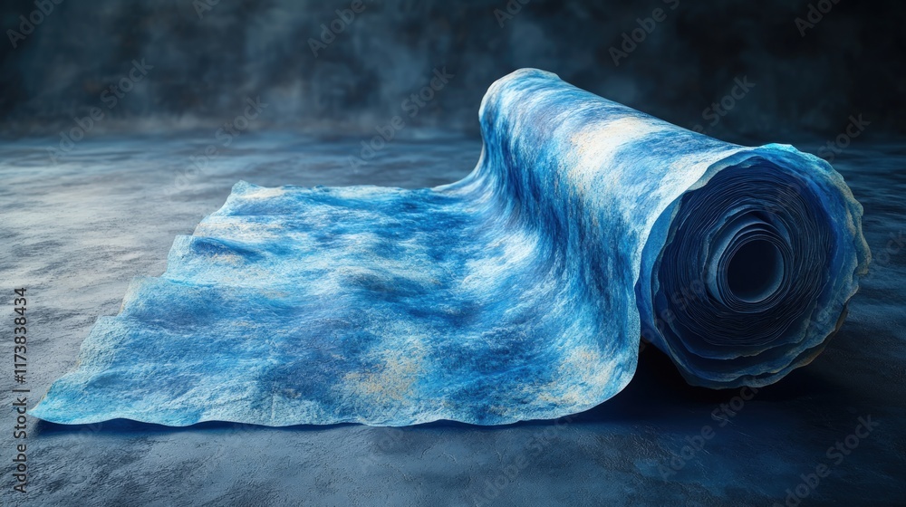 Poster rolled blue fabric with a unique pattern unfurling on a dark surface.