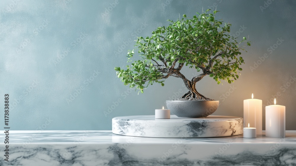 Poster bonsai tree elegantly displayed on marble surface with flickering candles in a serene interior setti