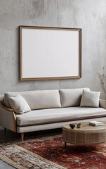 Modern Minimalist Living Room Interior with a Blank Frame on the Wall, Stylish Furniture, and Neutral Decor Emphasizing Elegance and Simplicity