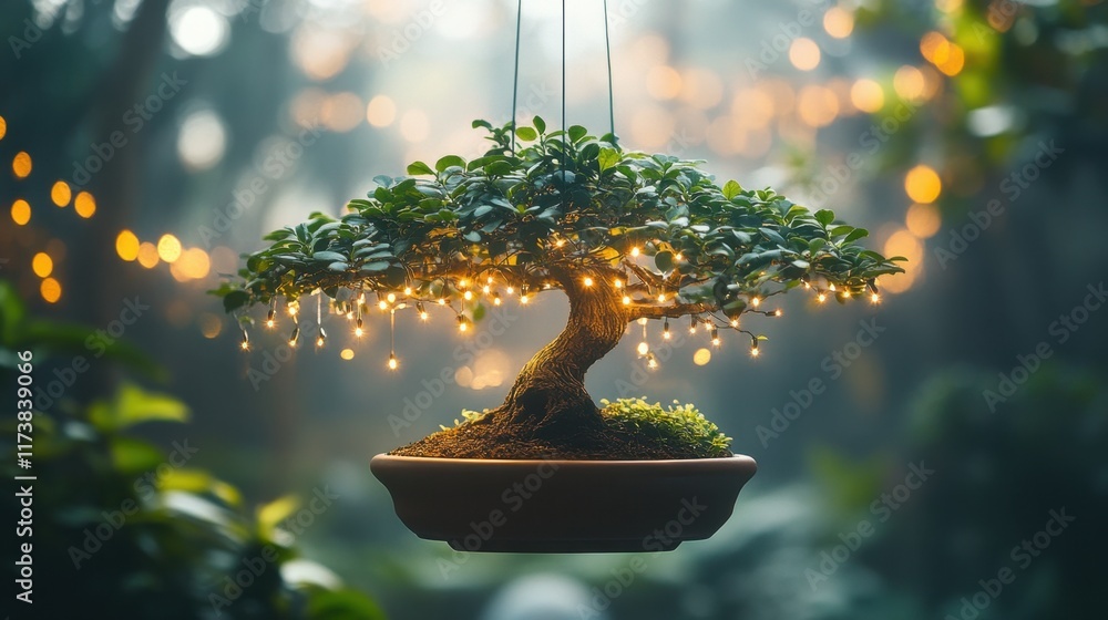 Aufkleber bonsai tree adorned with glowing lights amidst a lush green setting creating a magical atmosphere du