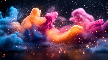 Colorful smoke swirls with sparkling embers floating
