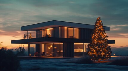 Modern Home with Illuminated Christmas Tree in the Evening