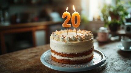 Celebrating a milestone with a beautifully decorated cake featuring vibrant candles and a warm, inviting atmosphere. Generative AI