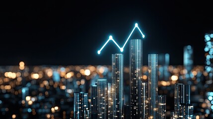 Graphs of the stock market highlight growth, complemented by silver coins and blue arrows signaling financial success