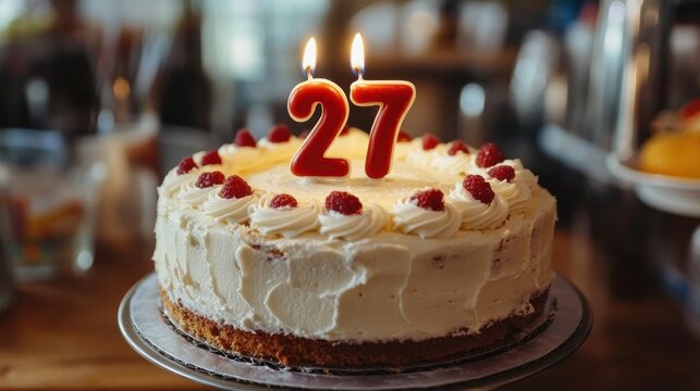 Celebrating a special occasion with a delicious cake featuring vibrant candles marking a memorable 27th birthday celebration. Generative AI