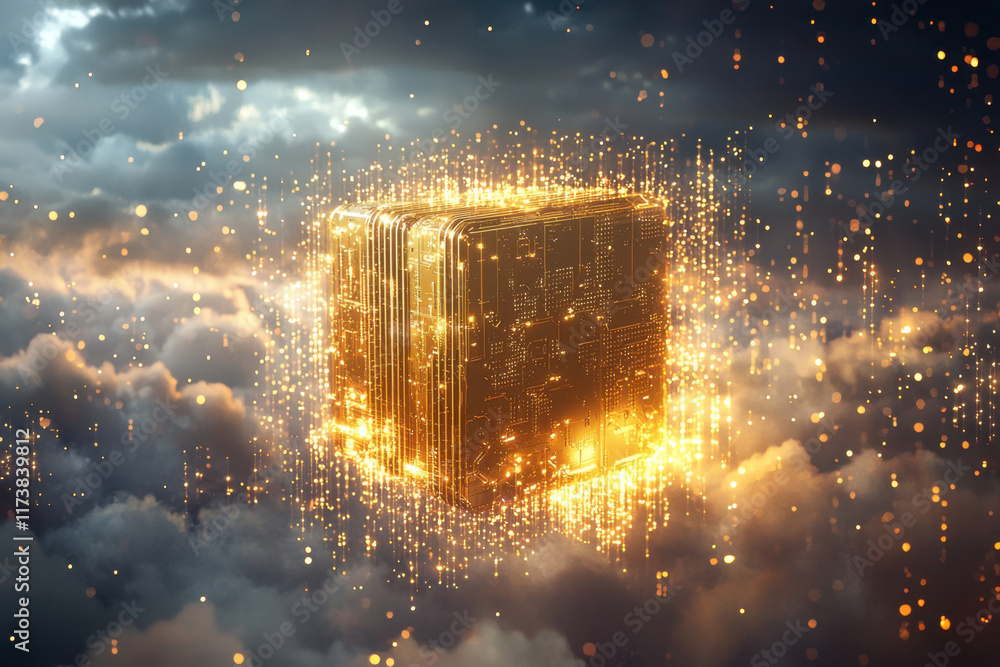 Wall mural Digital glowing cube radiating golden light in a surreal cloudscape