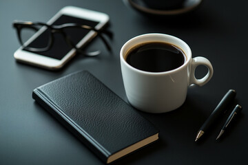 Minimalist workspace with coffee, notebook, pens, glasses, and smartphone on a dark background