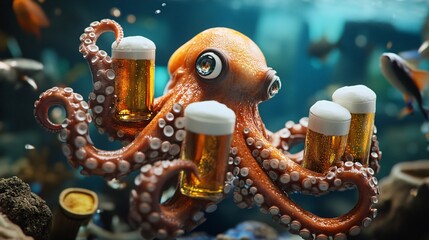 A whimsical orange octopus holding four glasses of beer, surrounded by colorful fish underwater.