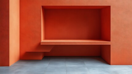 Fototapeta premium Orange wall niche with shelf and gray floor.