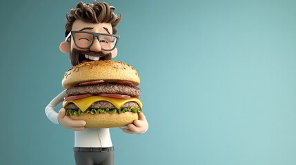 A cheerful cartoon man with glasses holds a giant burger, showcasing his love for delicious food.