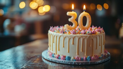 Celebrating a milestone with a beautifully decorated 30th birthday cake illuminated by soft lights. Generative AI