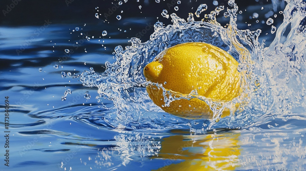 Poster a vibrant yellow lemon splashes into clear water, creating a dynamic scene of movement and freshness