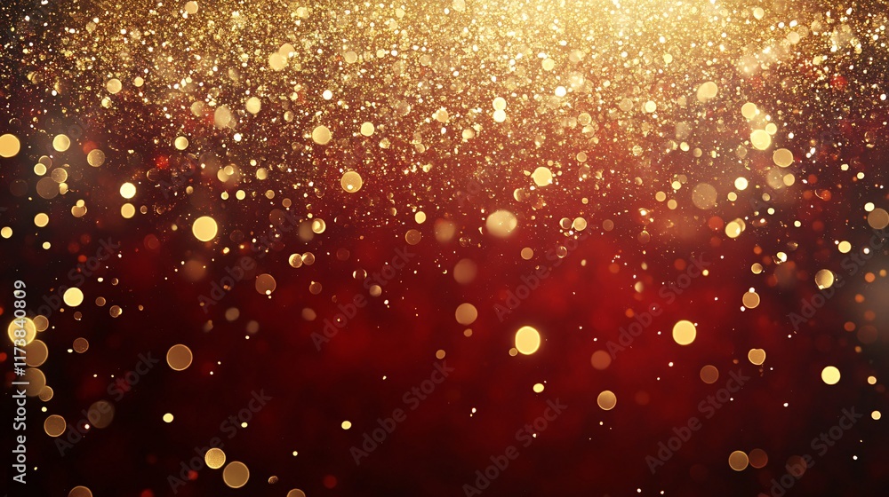 Poster a mesmerizing blend of shimmering gold particles against a deep red backdrop, creating a festive and