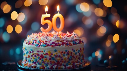 Celebrating a milestone with a colorful cake adorned with candles marking 50 years of joy and memories. Generative AI