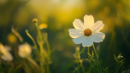 Single white cosmos flower in sunset light.