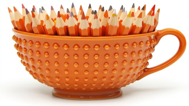 Orange hobnail teacup filled with colored pencils. Perfect for art supplies storage or a quirky desk organizer.