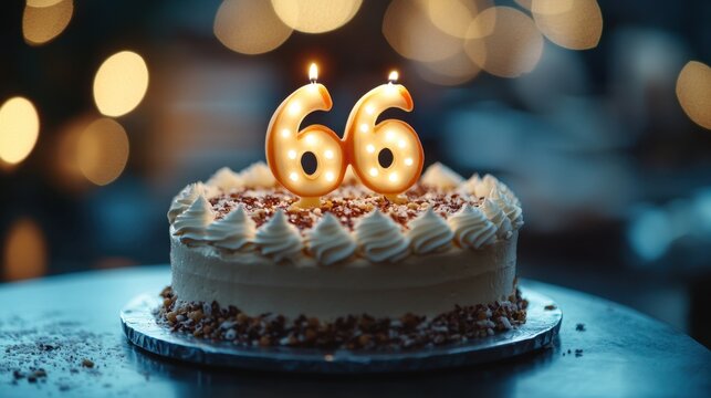 Celebration of 66 years with a beautifully decorated cake and glowing candles in a warm ambiance at a party. Generative AI
