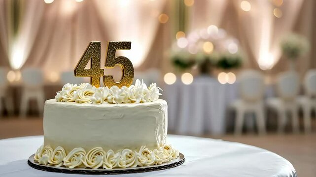 45th birthday cake adorned a gold accents. Birthday party. Blurred light festive background. Golden balloons. Forty five years, Forty-fifth anniversary. Celebration cake, golden candles. Numbers 45