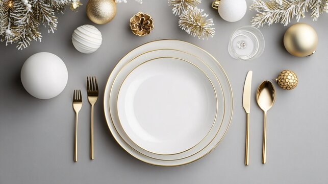 Elegant holiday table setting with white plates and gold cutlery, surrounded by festive decorations.