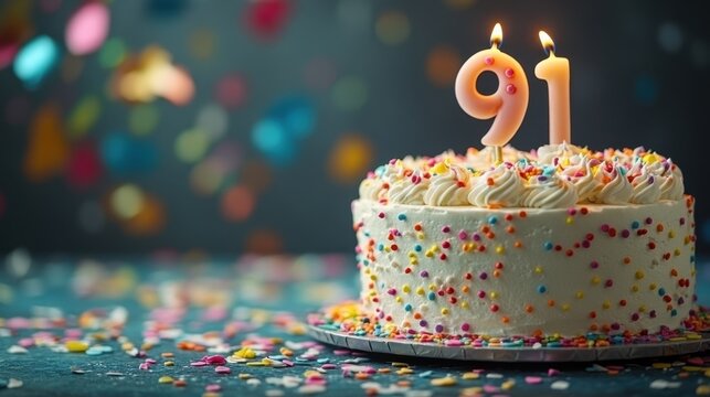 Celebration of a milestone with a beautifully decorated cake featuring colorful sprinkles and candles marking 91 years of life. Generative AI