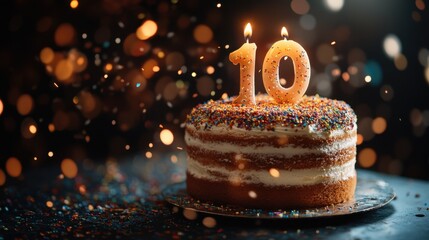 Celebrate a vibrant tenth birthday with a delightful cake adorned with colorful sprinkles and lit candles. Generative AI