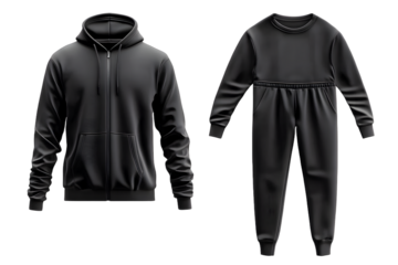 Sports suit black color with sweat jacket and sweatpants set isolated on a white background. Casual sports style concept. Black tracksuit sweathoody and sweatpants joggers .PNG