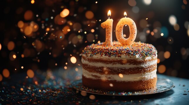 Celebrate a vibrant tenth birthday with a delightful cake adorned with colorful sprinkles and lit candles. Generative AI