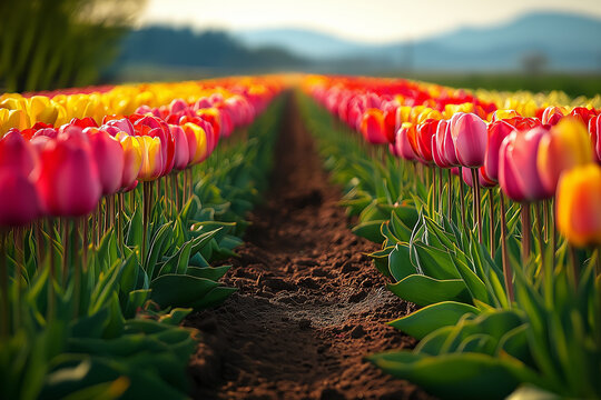 Photo r&eacute;aliste professionnelle d&rsquo;un champ de tulipes color&eacute;es s&rsquo;&eacute;tendant &agrave; travers le paysage
