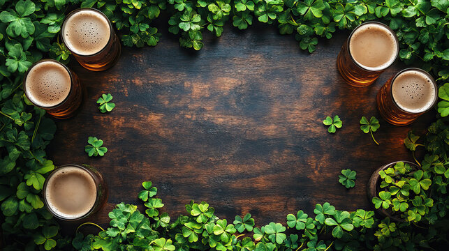 St. patrick's day celebration with beer and shamrocks on wooden table