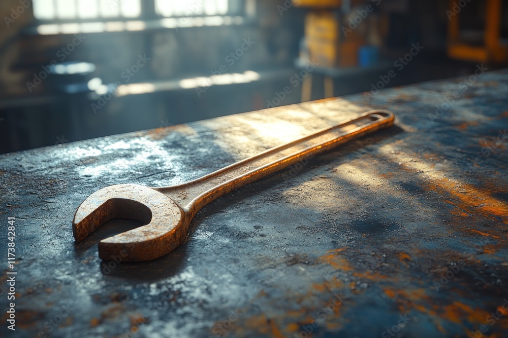 Poster rusty wrench on a metallic workbench in a workshop.
