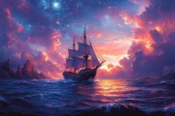 Obraz premium Sailboat on ocean at sunset under a vibrant sky with clouds and stars.