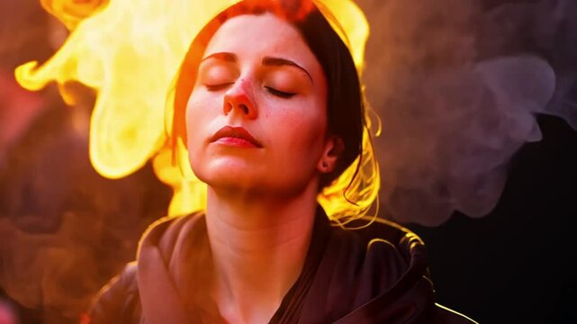 A serene young woman or modern witch basks in the radiant flames of fire, evoking power and tranquility.