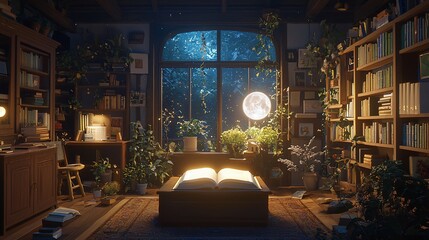 Magical moonlit library with glowing book.