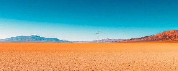 A lone wind turbine in a vast desert, stark yet captivating